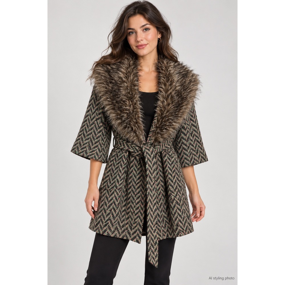Forever 21 Womens Chevron Tweed Wrap Coat Faux Fur Collar Belted Green Small